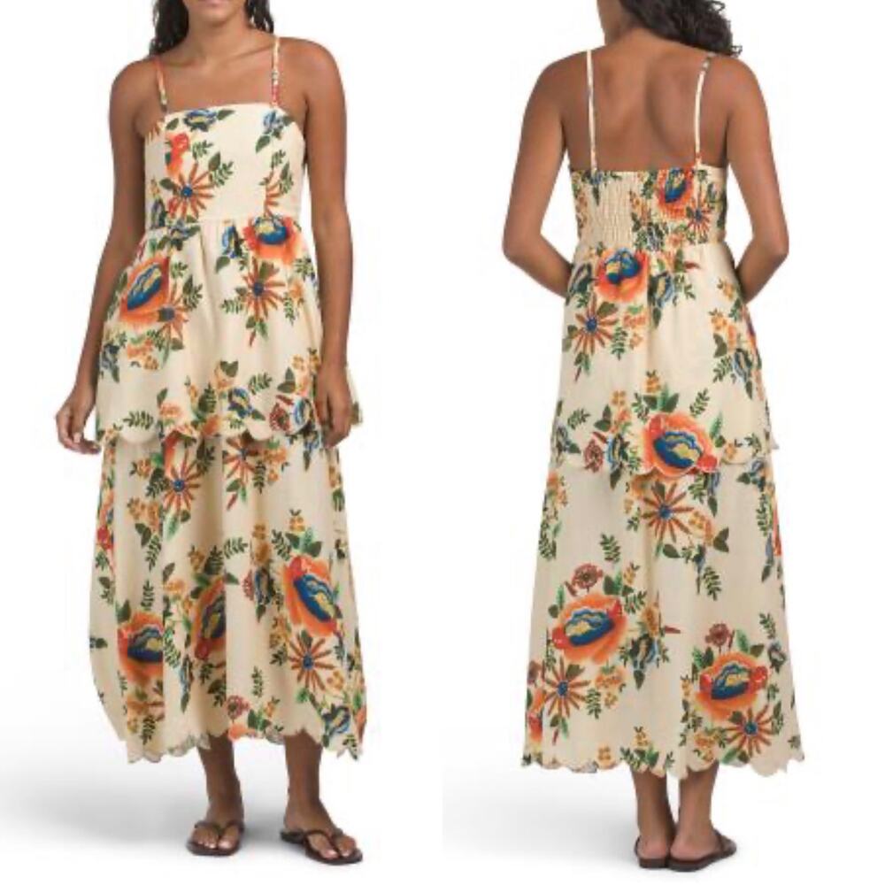 Christian Lacroix Linen Floral Print Tiered Picnic Midi Dress L Boho Casual